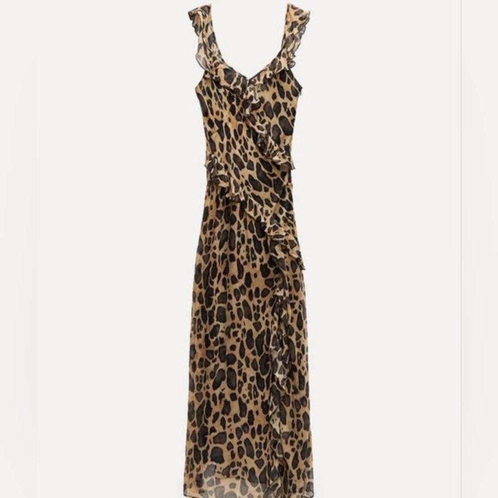 Zara maxi dress leopard animal print mesh ruffled boho cheetah